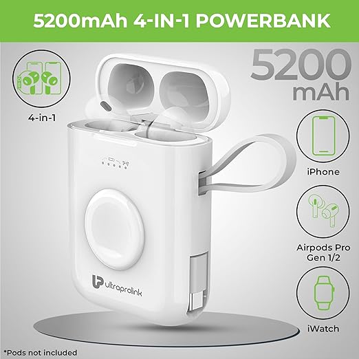 UltraProlink Case with Wireless Sync for Airpods Pro Gen1 & 2|5200mAh-15W| Powerbank for iWatch, iPhone Series 15 & 16|4in1 Charging|15W Type C Cable Output|