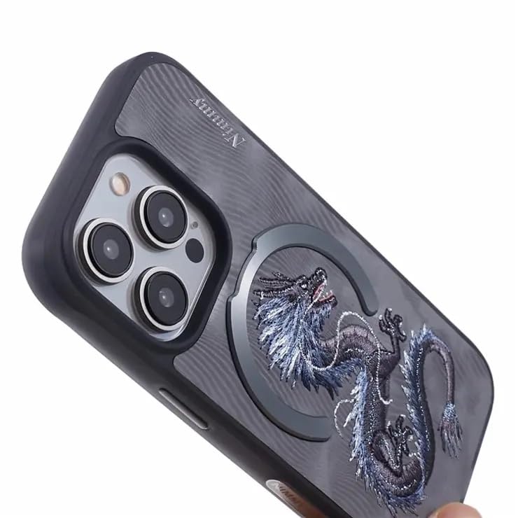 Nimmy Design Dreamy Animal Series Magnetic Safe Case, 3D Embroidery Anti-Slip Scratch Resistant Protective Cover For iPhone 15 Series(Grey Dragon)