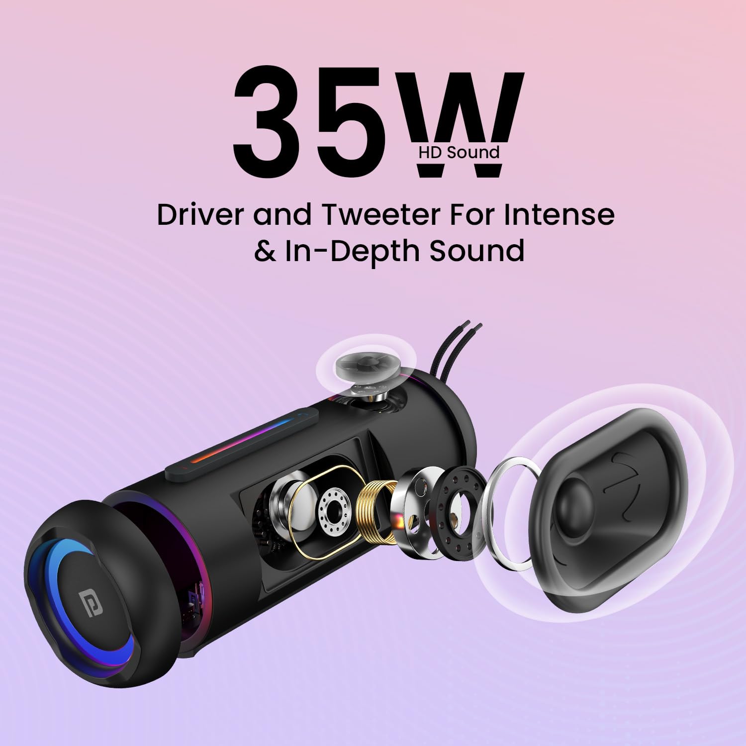 Portronics Breeze 6 35W Portable Wireless Bluetooth Speaker with Mic, 6Hrs Playtime, RGB LEDs, TWS Mode, BT 5.3v,USB Drive, SD Card, AUX in, FM Radio,IPX5 Water Resistant, Type C Charging(Black)