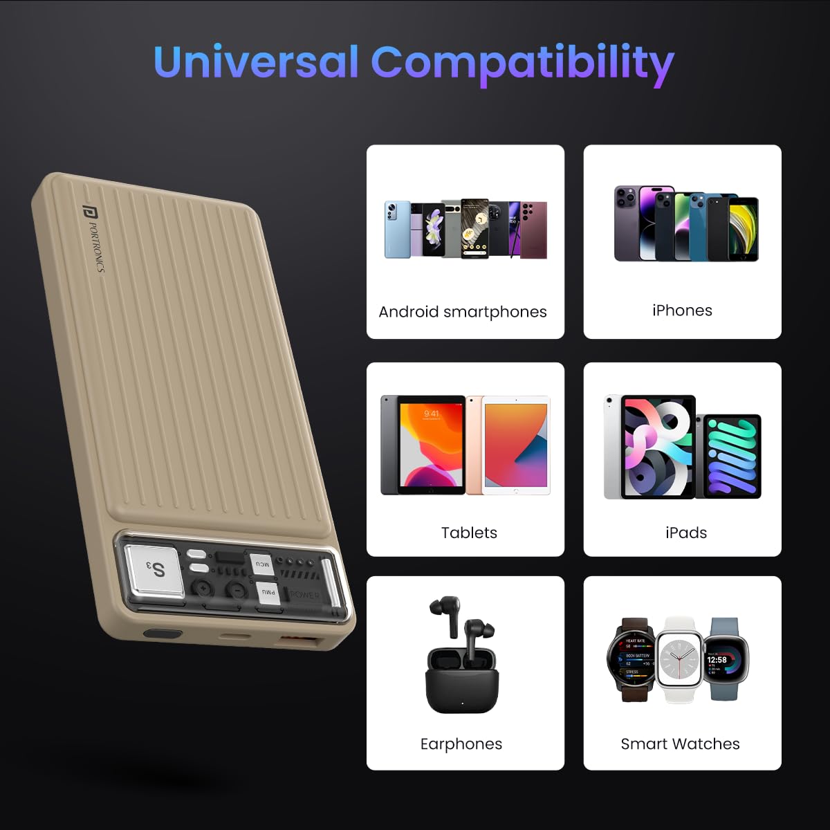 Portronics Luxcell 10K 10000 mAh Designer Power Bank with 22.5W Max Output, LED Indicator, Mach USB-A Output, Type C PD Output, Type C Input, Wake Up Button