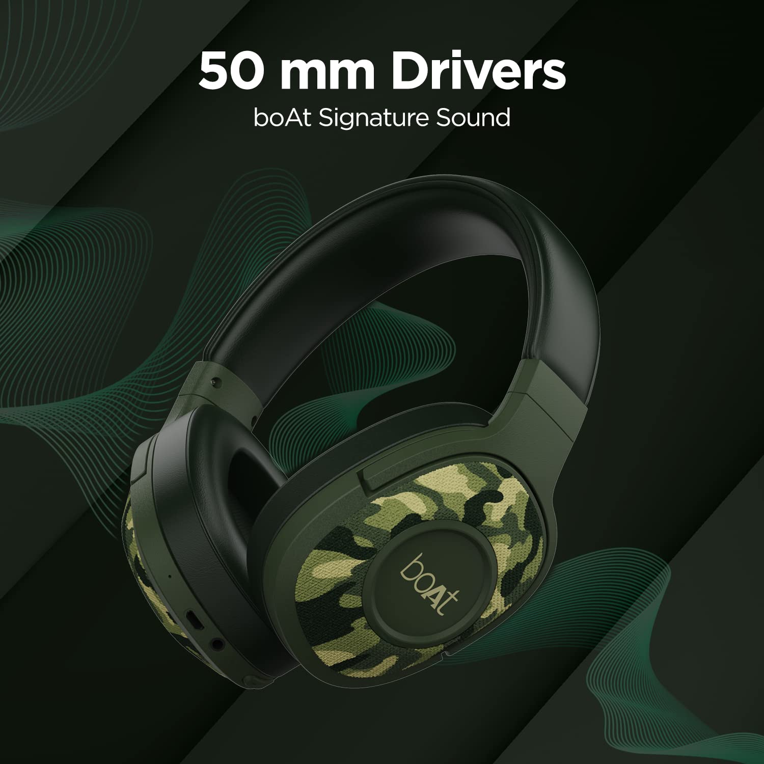 Roll over image to zoom in boAt Rockerz 550 Over Ear Bluetooth Headphones with Upto 20 Hours Playback, 50MM Drivers, Soft Padded Ear Cushions and Physical Noise Isolation, Without Mic (Army Green)