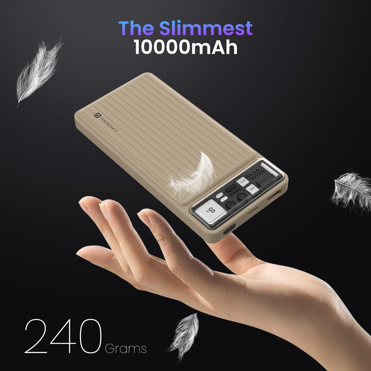 Portronics Luxcell 10K 10000 mAh Designer Power Bank with 22.5W Max Output, LED Indicator, Mach USB-A Output, Type C PD Output, Type C Input, Wake Up Button