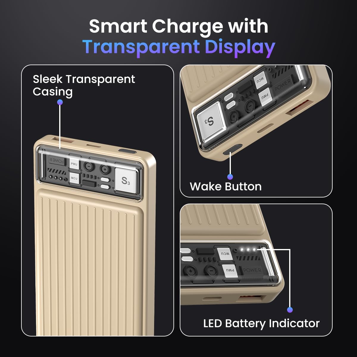 Portronics Luxcell 10K 10000 mAh Designer Power Bank with 22.5W Max Output, LED Indicator, Mach USB-A Output, Type C PD Output, Type C Input, Wake Up Button
