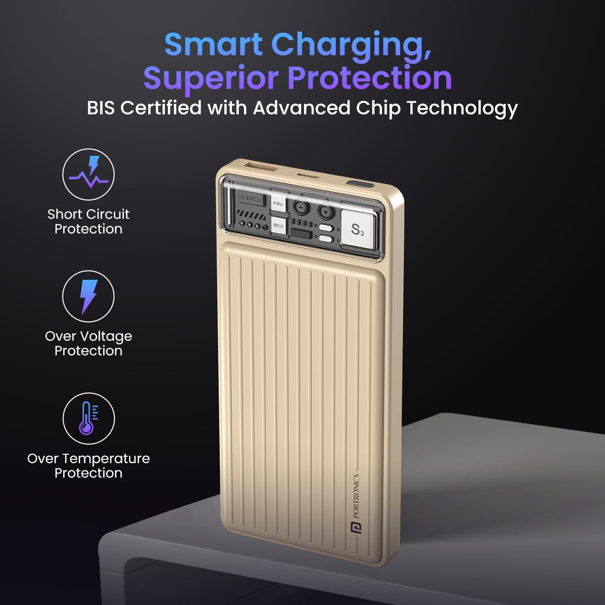 Portronics Luxcell 10K 10000 mAh Designer Power Bank with 22.5W Max Output, LED Indicator, Mach USB-A Output, Type C PD Output, Type C Input, Wake Up Button
