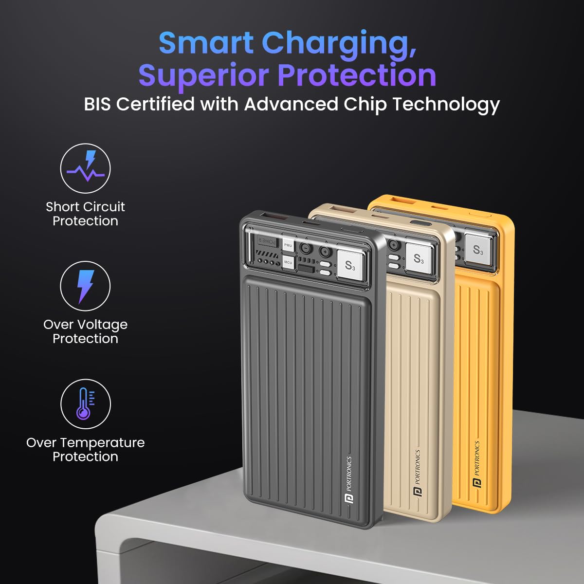 Portronics Luxcell 10K 10000 mAh Designer Power Bank with 22.5W Max Output, LED Indicator, Mach USB-A Output, Type C PD Output, Type C Input, Wake Up Button