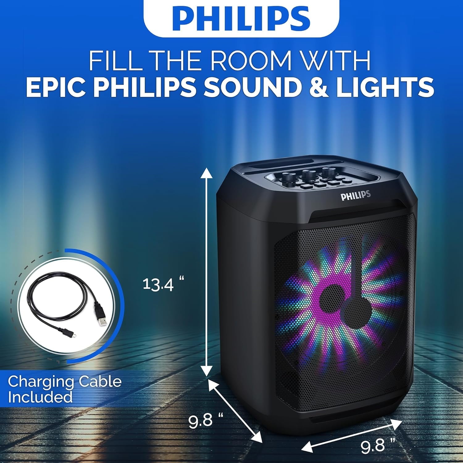 Philips Party Bluetooth Speaker – 30W Portable with Bass Boost, 8 In. Woofer, Lights, 7 Hr. Playback, Mic Input