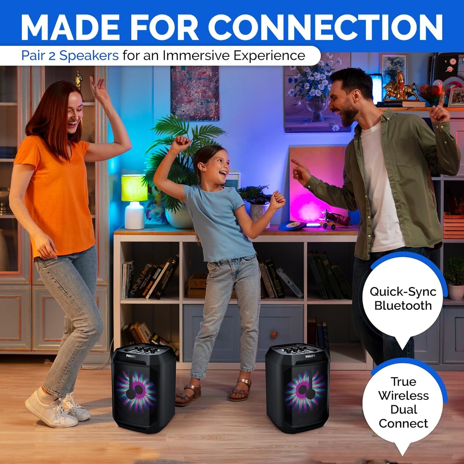 Philips Party Bluetooth Speaker – 30W Portable with Bass Boost, 8 In. Woofer, Lights, 7 Hr. Playback, Mic Input