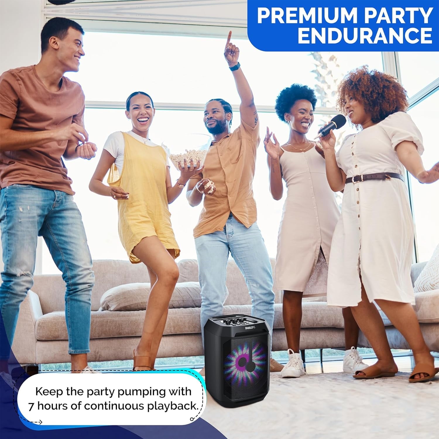Philips Party Bluetooth Speaker – 30W Portable with Bass Boost, 8 In. Woofer, Lights, 7 Hr. Playback, Mic Input