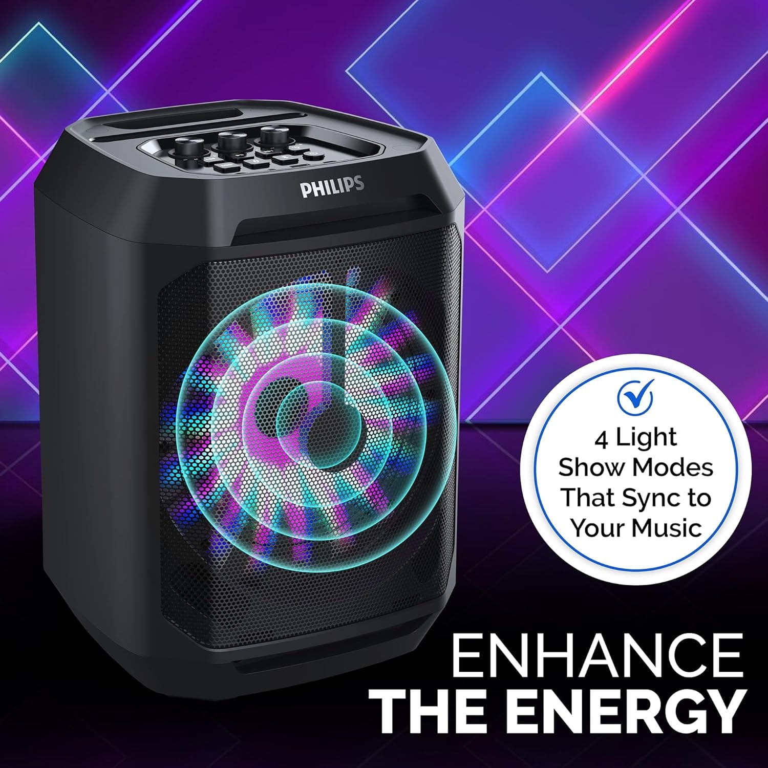 Philips Party Bluetooth Speaker – 30W Portable with Bass Boost, 8 In. Woofer, Lights, 7 Hr. Playback, Mic Input