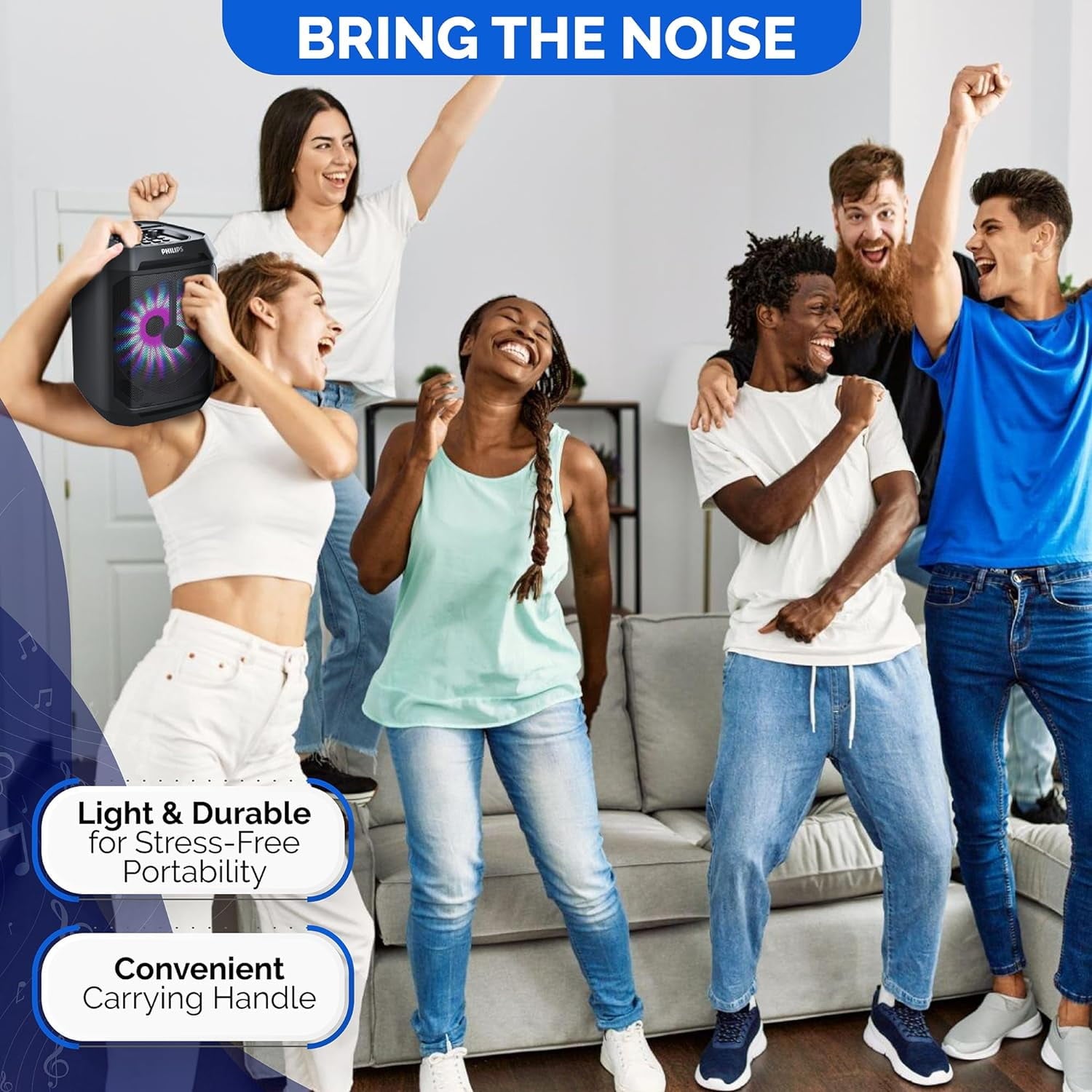 Philips Party Bluetooth Speaker – 30W Portable with Bass Boost, 8 In. Woofer, Lights, 7 Hr. Playback, Mic Input