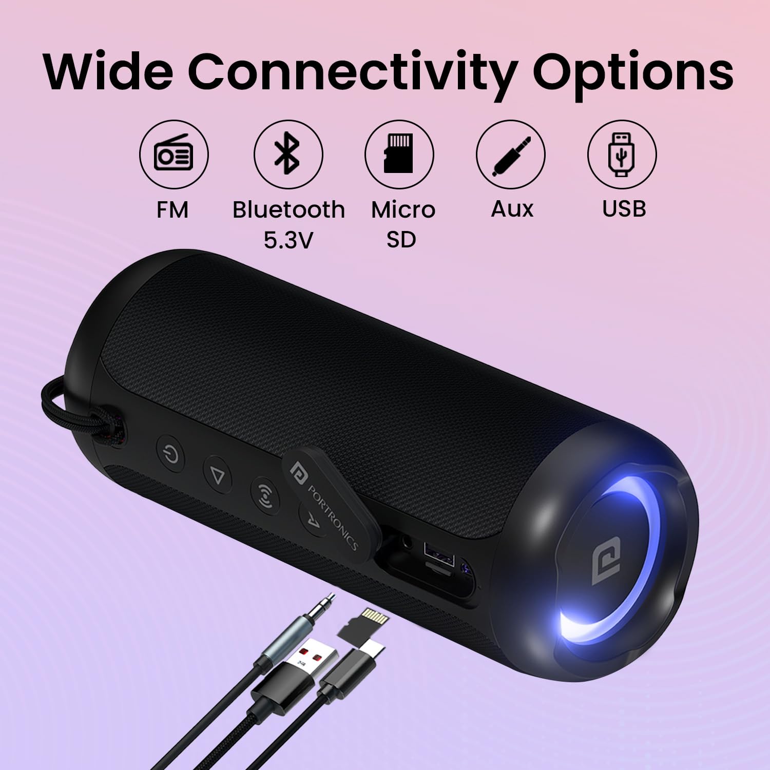 Portronics Breeze 6 35W Portable Wireless Bluetooth Speaker with Mic, 6Hrs Playtime, RGB LEDs, TWS Mode, BT 5.3v,USB Drive, SD Card, AUX in, FM Radio,IPX5 Water Resistant, Type C Charging(Black)