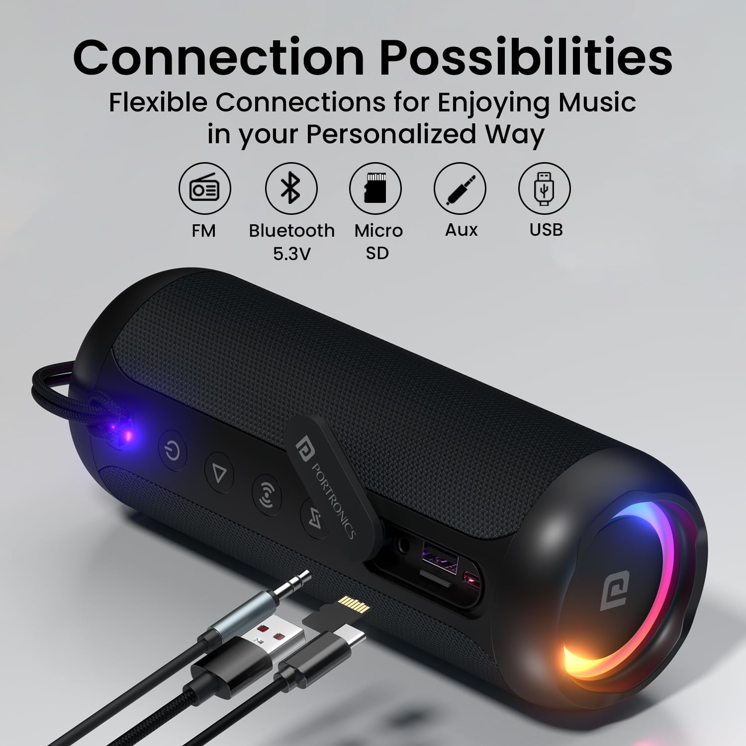 Portronics Breeze 5 25W Portable Wireless Bluetooth Speaker with in Built Mic,6 Hrs Playtime,RGB LEDs,TWS Mode,BT 5.3v,USB Drive,SD Card,AUX in,FM Radio,IPX5 Water Resistant,Type C Charging(Black)