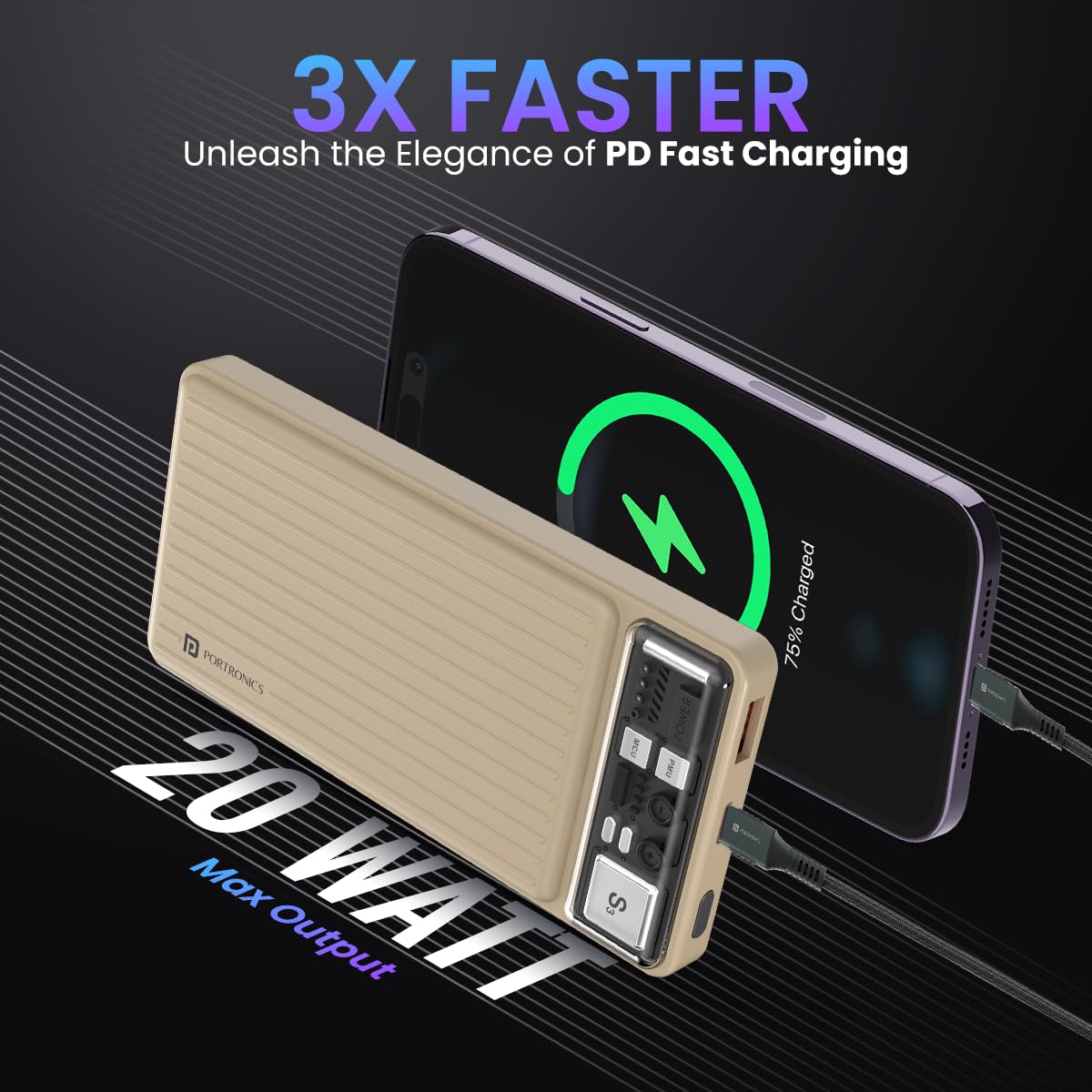Portronics Luxcell 10K 10000 mAh Designer Power Bank with 22.5W Max Output, LED Indicator, Mach USB-A Output, Type C PD Output, Type C Input, Wake Up Button