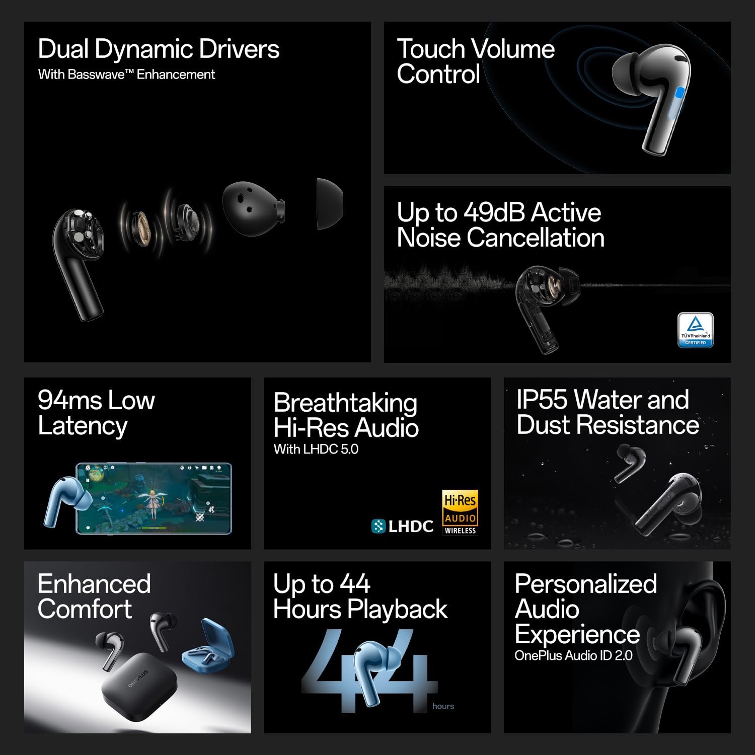 OnePlus Buds 3 in Ear TWS Bluetooth Earbuds with Upto 49dB Smart Adaptive Noise Cancellation,Hi-Res Sound Quality,Sliding Volume Control,10mins for 7Hours Fast Charging with Upto 44Hrs Playback