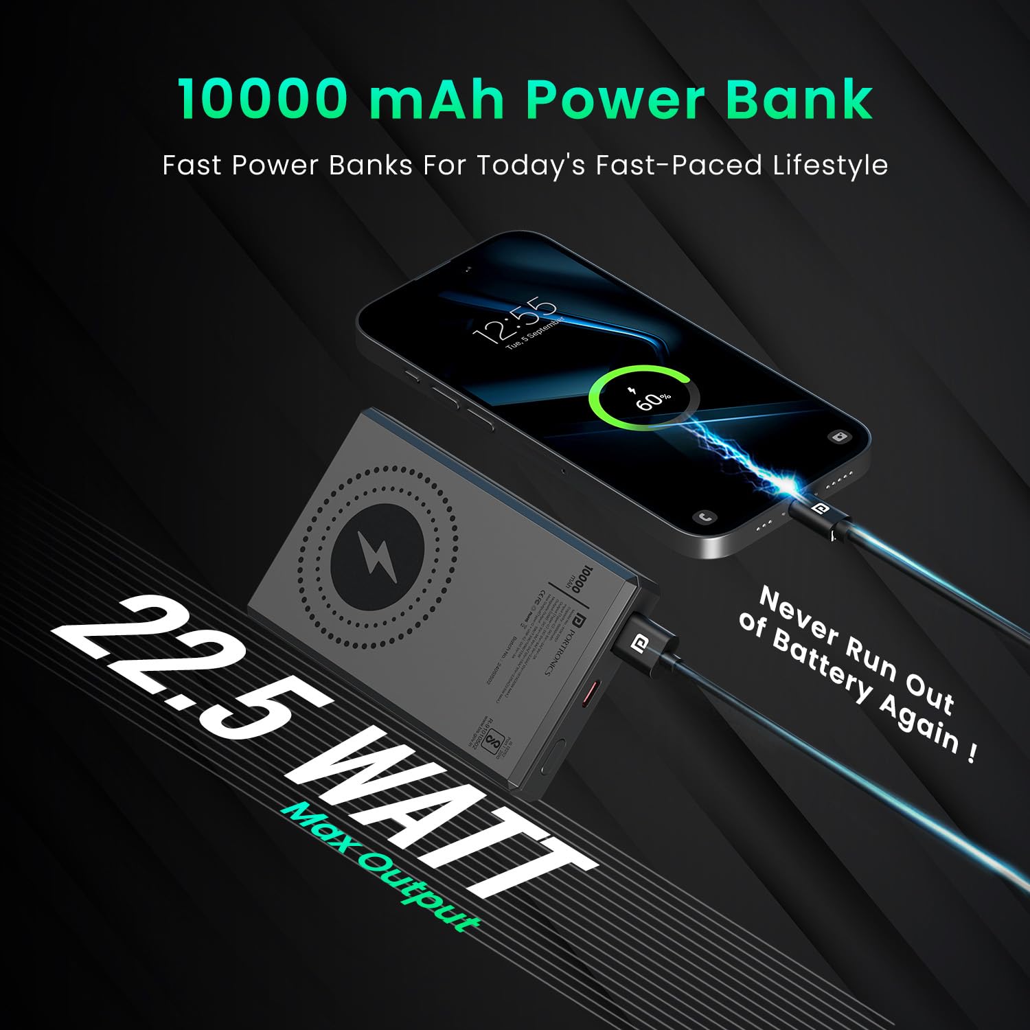 Portronics Luxcell MagClick 10k mAh 15W Magnetic Wireless Fast Charging Power Bank Premium Metallic Finish, 22.5 Wired Output Compatible with iPhone 12 & Above,Type C Smartphones