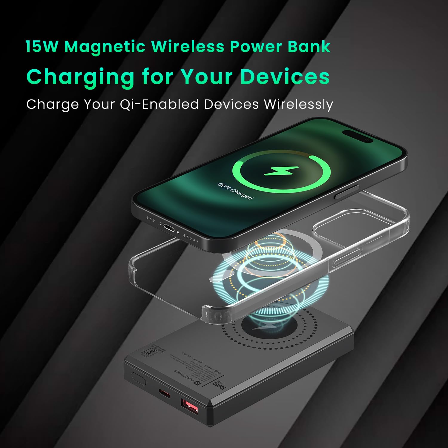 Portronics Luxcell MagClick 10k mAh 15W Magnetic Wireless Fast Charging Power Bank Premium Metallic Finish, 22.5 Wired Output Compatible with iPhone 12 & Above,Type C Smartphones