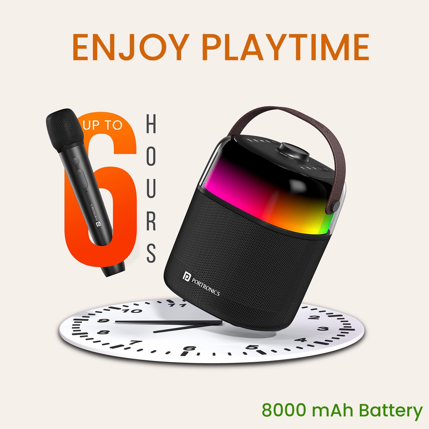 Portronics Dash 4 50W Wireless Bluetooth Party Speaker with Karaoke Mic, Upto 6 Hours Playtime, HD Sound, Bass Boost Technology, EQ Modes, 360° RGB Lights, BT 5.3v, AUX in, Type C Charging(Black)