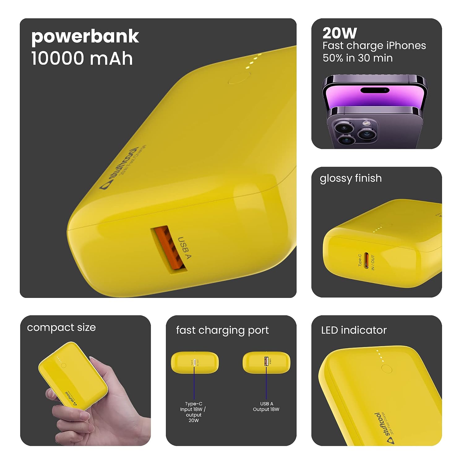 Stuffcool 10000mAh Palm Smallest QC PD 20W Type C Super Premium Mini Powerbank, Charges Any iPhone 50% in 30 mins
