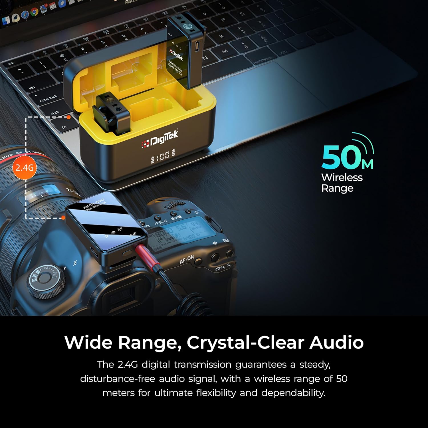 Digitekยฎ DWM-110 2-in-1 Wireless Microphone System with 2.4GHz RF, 50m Range, 8Hr Run Time, Plug & Play, Noise Cancellation, Compatible with DSLR, Android/iPhone for Vlogging, Meetings & Videoshoots