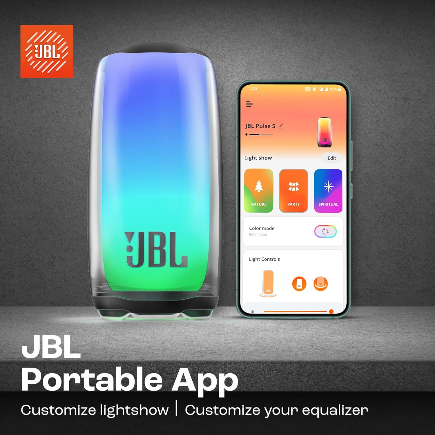 JBL Pulse 5, Wireless Portable Bluetooth Speaker, 40 Watt, Customized 360° Lightshow Portable App, Pro Sound, Deep Bass, 12 Hours Playtime, PartyBoost, IP67 Waterproof & Dustproof