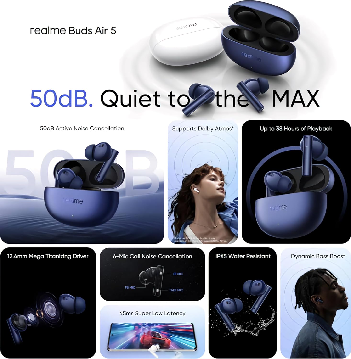 realme Buds Air 5 Truly Wireless in-Ear Earbuds with 50dB ANC, 12.4mm Mega Titanized Dynamic Bass Driver, Upto 38Hrs Battery with Fast Charging & 45ms Ultra-Low Latency for Gaming (Deep Sea Blue)