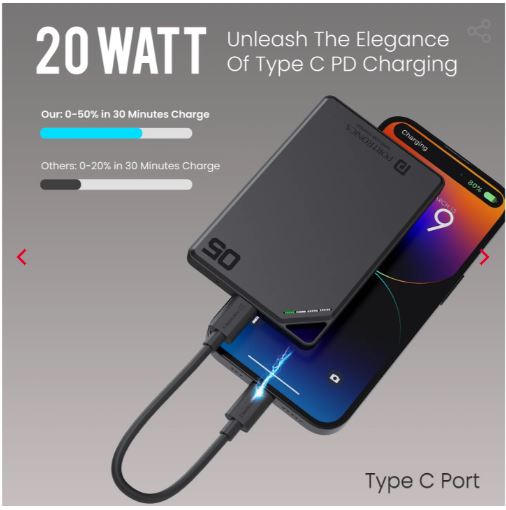 portronics Boosty 5K 20W Max Type C Output | Type C PD Output | Magnetic Wireless Powerbank | Light Weight