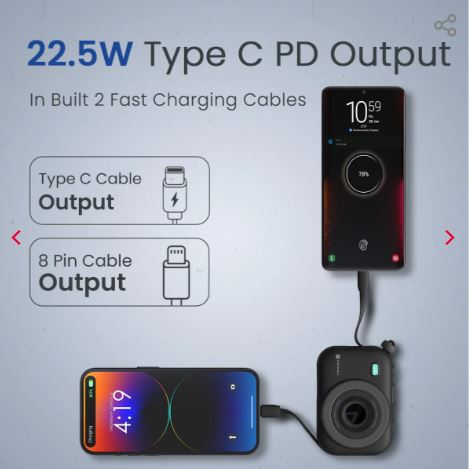 Power Shutter 15W Wireless Charging | 22.5W Type C PD Output | In Built Type C & 8 Pin Cable | LED Display