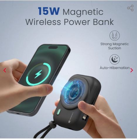 Power Shutter 15W Wireless Charging | 22.5W Type C PD Output | In Built Type C & 8 Pin Cable | LED Display