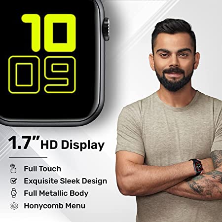 Firebolt ring/call Bluetooth Calling Smartwatch with SpO2 & 1.7” Metal Body with Blood Oxygen Monitoring, Continuous Heart Rate, Full Touch & Multiple Watch Faces (Black), M (BSW005)