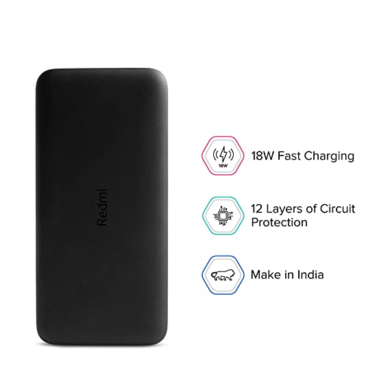 Redmi 20000mAh Li-Polymer Power Bank (Black), USB Type C and Micro USB Ports | 18W Fast Charging | Multi Device Charging