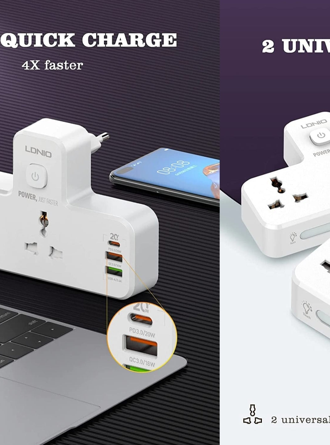LDNIO SC2311 20W 3-Port USB Charger Extension Power Strip with 1 * 20W USB-C PD Power Delivery / 1 * 18W USB QC3.0/1 * USB-A Wall Charger Adapter Fast Charger for iPhone/Samsung/OnePlus/Mi/Oppo/Vivo