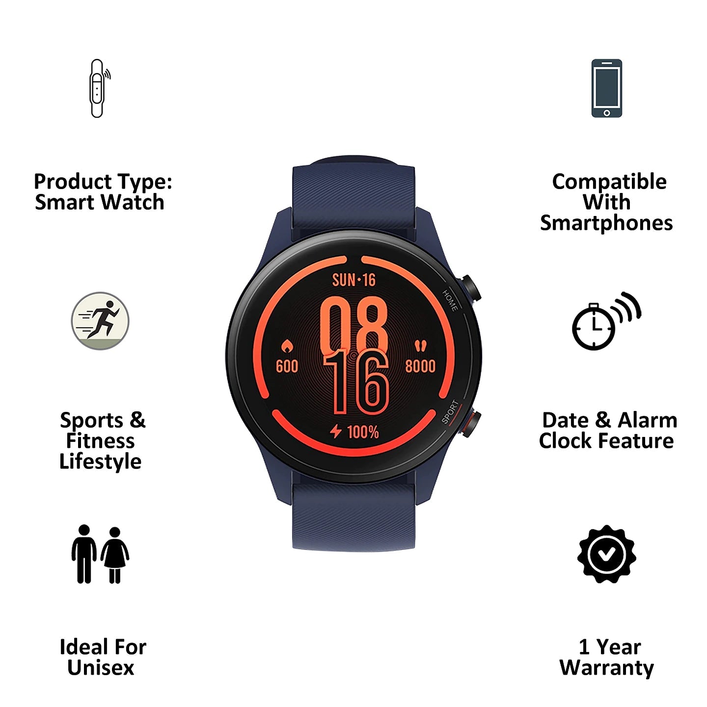Revolve Active Smart Watch (GPS, 35.33mm) (Alexa Built-In, BHR4585IN, Black/Blue, Sport Band)