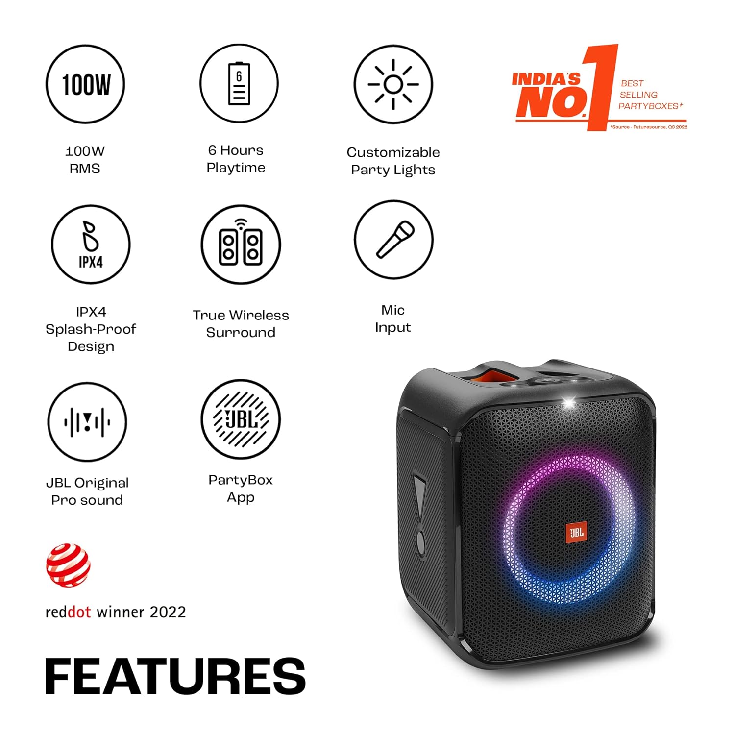 JBL Partybox Encore Essential | Portable Bluetooth Party Speaker | 100W Monstrous Pro Sound | Dynamic Light Show | Upto 6Hrs Playtime | Built-in Powerbank | Mic Support PartyBox App (Black)