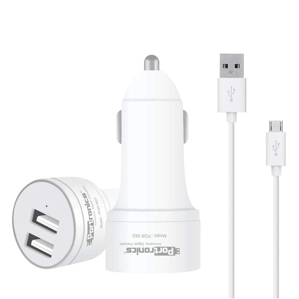 Portronics Car Power 2T 2.4A Car Charger with Dual USB Ports, White, Cameras