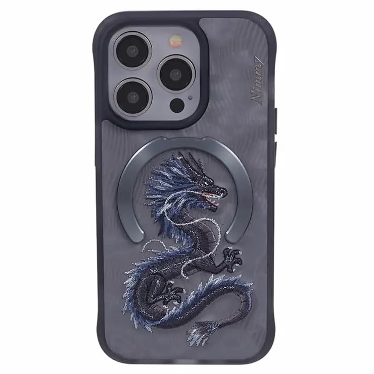 Nimmy Design Dreamy Animal Series Magnetic Safe Case, 3D Embroidery Anti-Slip Scratch Resistant Protective Cover For iPhone 15 Series(Grey Dragon)