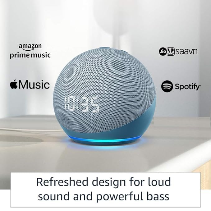 Amazon Echo Dot 4th Gen with clock | Smart speaker with powerful bass, LED display and Alexa (Blue)