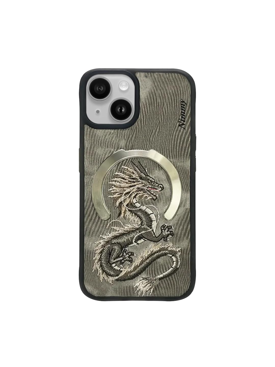 Nimmy iPhone 15 Series Back Case Genuine Leather Dragon Embroided Wireless Charging Shookproof Camera Bumper Compatibale with iPhone Back Case Cover. (iPhone 15)