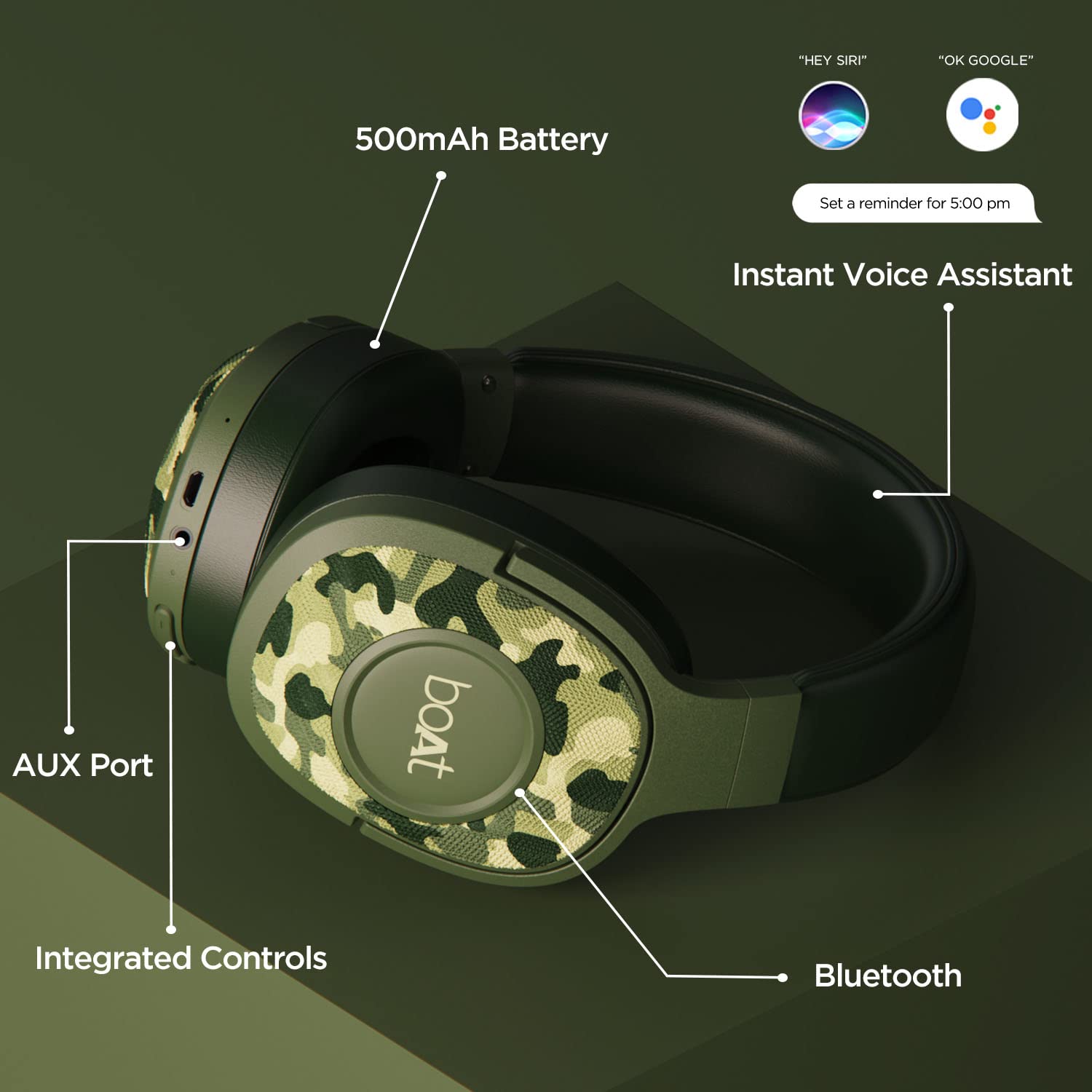Roll over image to zoom in boAt Rockerz 550 Over Ear Bluetooth Headphones with Upto 20 Hours Playback, 50MM Drivers, Soft Padded Ear Cushions and Physical Noise Isolation, Without Mic (Army Green)