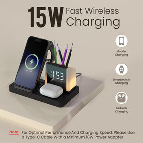 Portronics HexaCharge 6in1 15W Fast Magnetic Wireless Charging for iPhone 15/15 Plus/15 Pro/15 Pro Max,14/14 Plus/14 Pro/14 Pro Max,13/12, Wireless Earbuds & Smartwatches, Pen Stand, LED Lamp (Black)