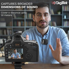 Digitek® (DWM 101 Wireless Microphone System with ANC Noise Reduction, 360° Sound Capture, 100M Range, Upto 12 Hrs Working Time, for DSLR Camera, Android & iOS Smartphones, Seamless Audio Recording