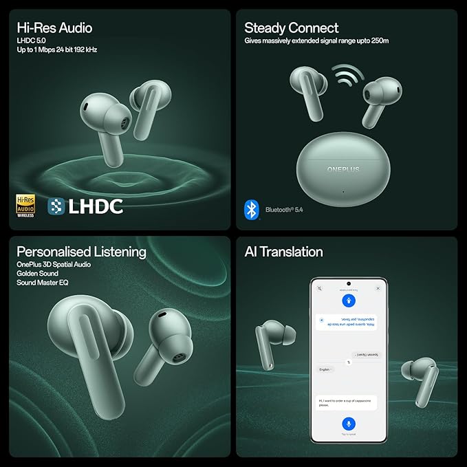 OnePlus Buds 4 TWS Earbuds with Upto 55dB Real-time ANC,Adaptive Mode,Dual Drivers with Dual DACs,3D Audio,Upto 45hrs Music Playback,Dual-Device connectivity,47ms Low Latency[Zen Green]