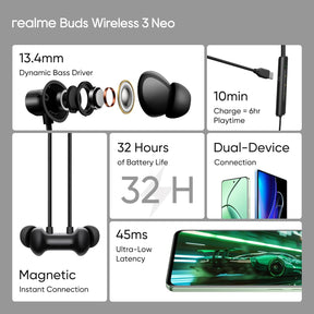 realme Buds Wireless 3 Neo in Ear Bluetooth Neckband with 13.4 Mm Dynamic Bass Boost Driver,Upto 32 Hours Playback,Fast Charge, Ai Enc,45Ms Low Latency,Ip55 Dust&Water Resistannt&Bluetooth V 5.4