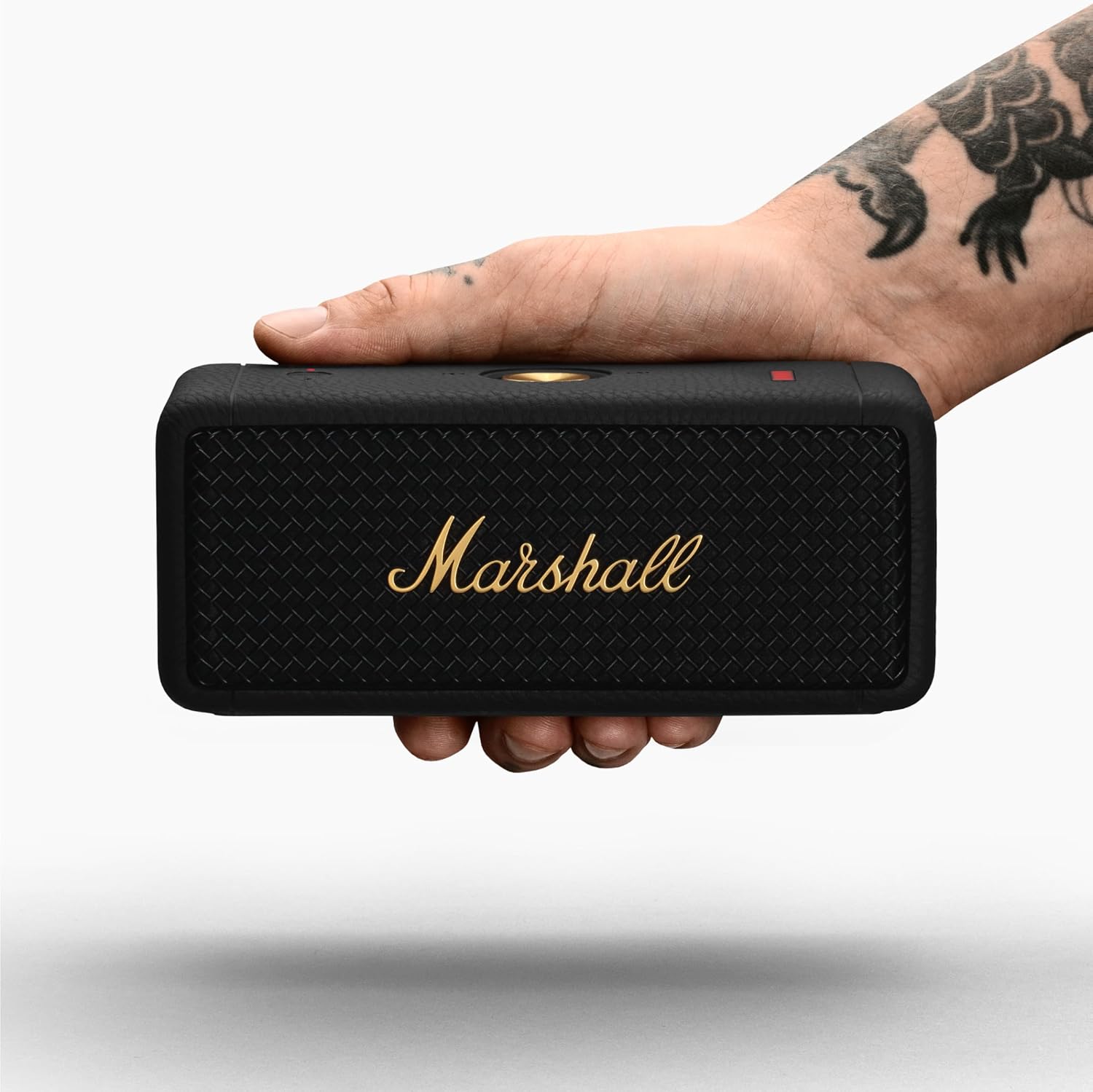 Marshall Emberton II Compact Portable Bluetooth Speaker with 30+ hours of Playtime, (360° sound), Dust & Waterproof (IP67) – Black & Brass.