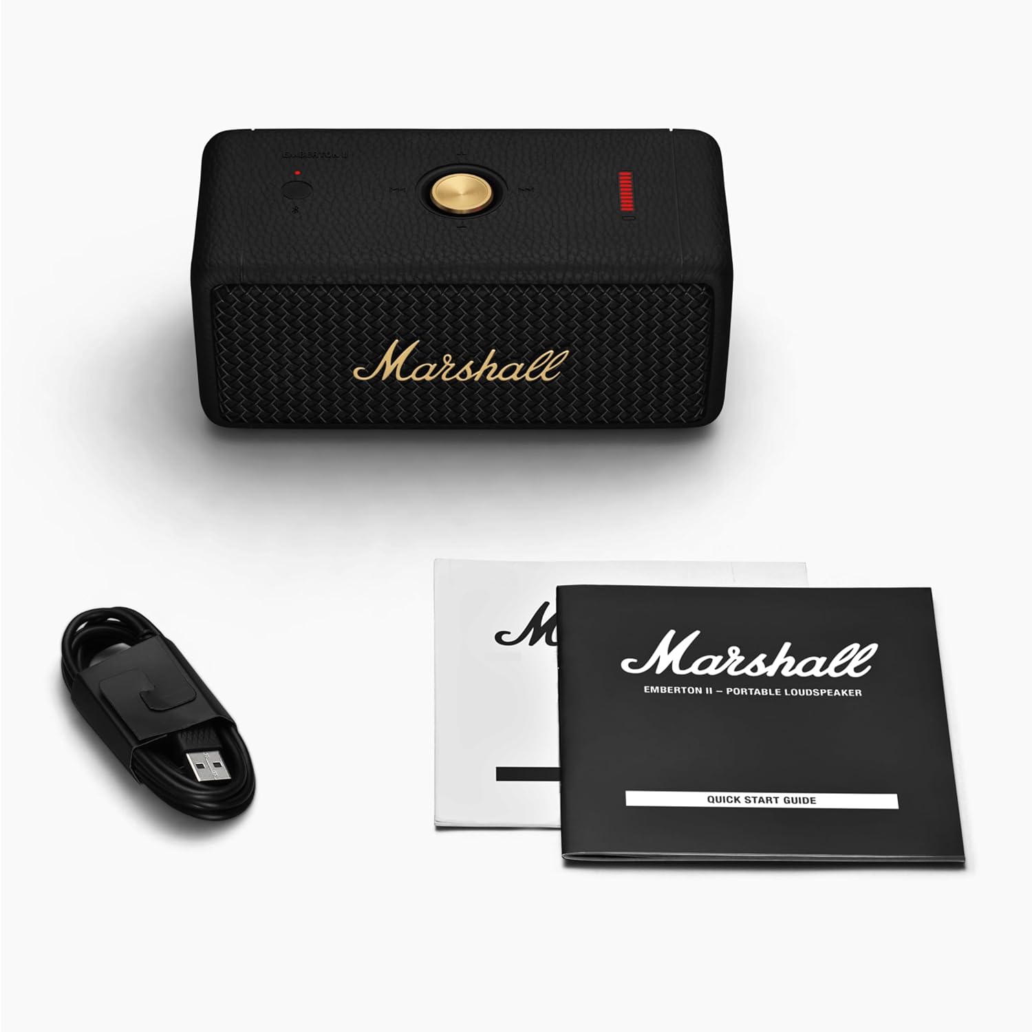 Marshall Emberton II Compact Portable Bluetooth Speaker with 30+ hours of Playtime, (360° sound), Dust & Waterproof (IP67) – Black & Brass.