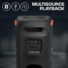 JBL Partybox 110, Wireless Bluetooth Party Speaker, 160W Monstrous Pro Sound, Dynamic Light Show, Upto 12Hrs Playtime, Built-in Powerbank, Guitar & Mic Input, PartyBox App, Splashproof (Black)