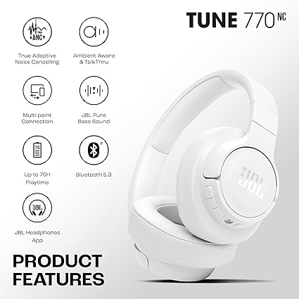JBL Tune 770NC Wireless Over Ear ANC Headphones with Mic, Upto 70 Hrs Playtime, Speedcharge, Google Fast Pair, Dual Pairing, BT 5.3 LE Audio, Customize on Headphones App (White)