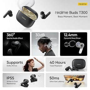 realme Buds T300 with 12.4mm Driver, 30dB ANC, 360 Spatial Audio and 40 hours Playback Bluetooth  (Stylish Black, True Wireless)