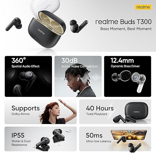 realme Buds T300 with 12.4mm Driver, 30dB ANC, 360 Spatial Audio and 40 hours Playback Bluetooth  (Stylish Black, True Wireless)
