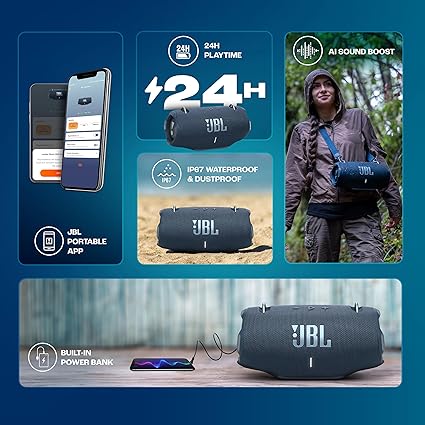 JBL Xtreme 4 Portable Bluetooth Speaker, ProSound with Powerful Bass Radiators, AI Sound Boost, Built-in Powerbank, Multispeaker Connection by Auracast, IP67, Replacable Battery, Fast Charging (Blue)