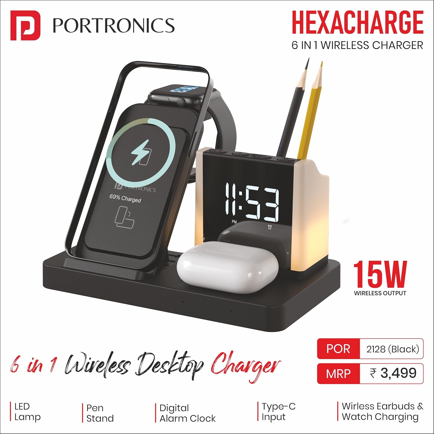 Portronics HexaCharge 6in1 15W Fast Magnetic Wireless Charging for iPhone 15/15 Plus/15 Pro/15 Pro Max,14/14 Plus/14 Pro/14 Pro Max,13/12, Wireless Earbuds & Smartwatches, Pen Stand, LED Lamp (Black)